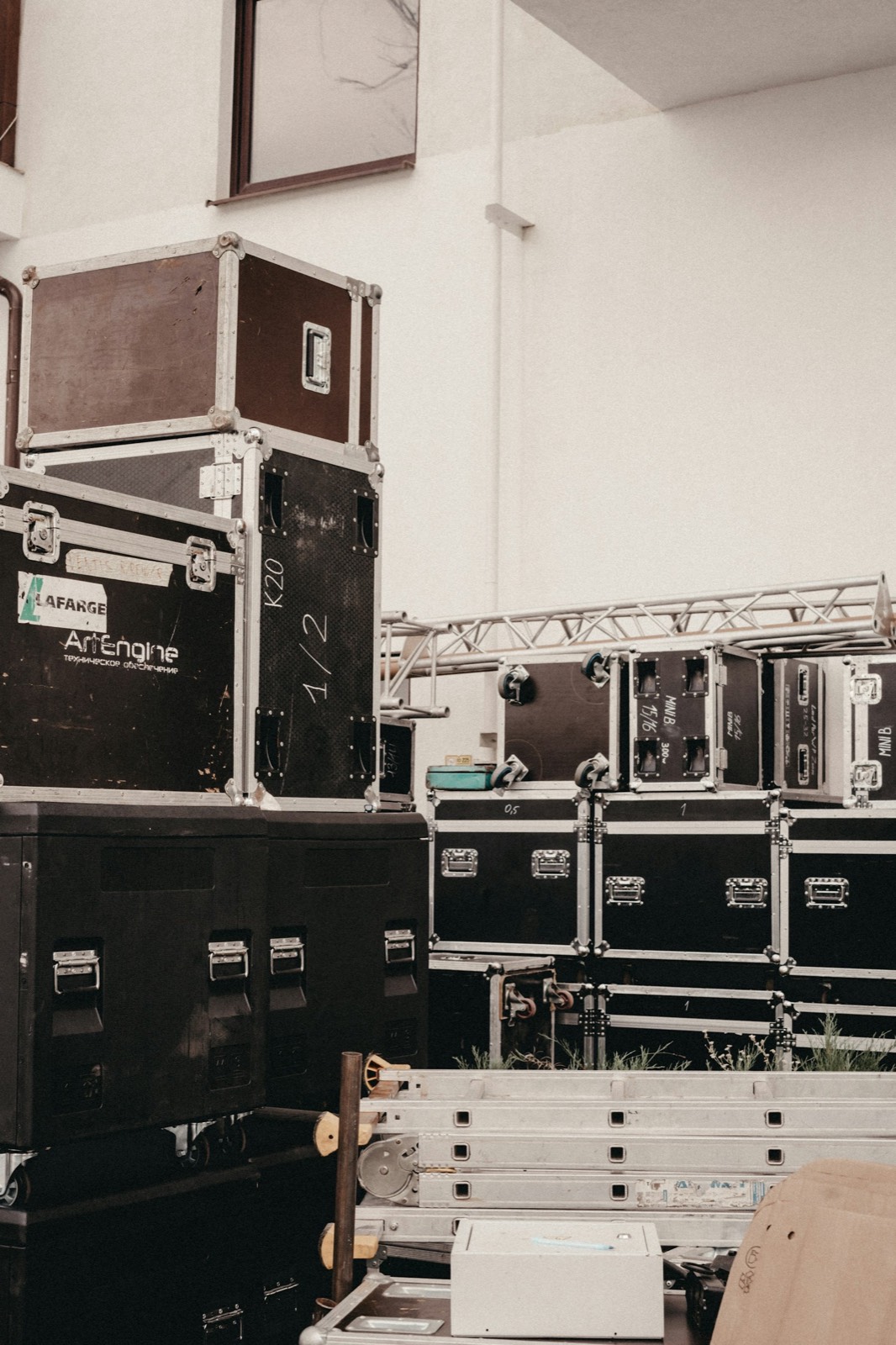 Flight cases stacked backstage